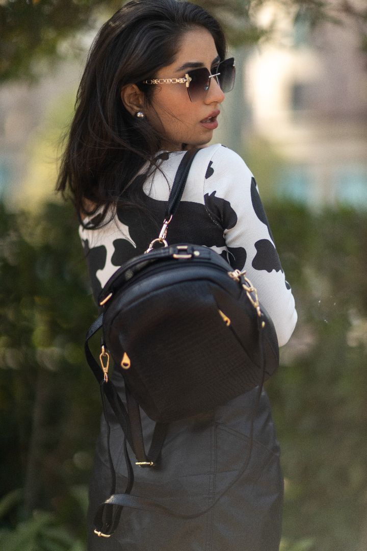 Black Leather Small Bag Backpack